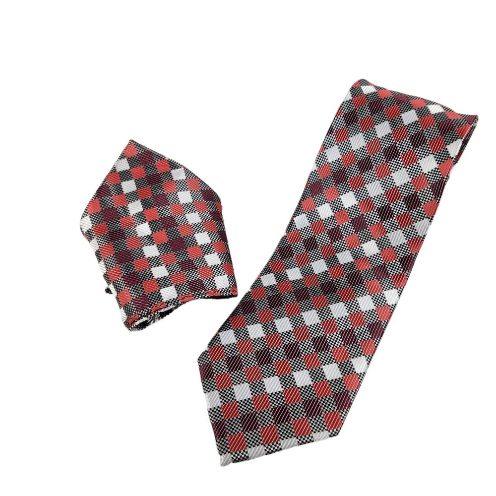 Bergamo New York Diamond Pattern Black Orange Mens Necktie with Pocket Square